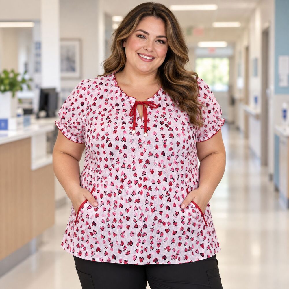 KOI Kathy Peterson Bridgette Scrub Top 3X Pink Heart Valentine Cotton Ruffle NWT